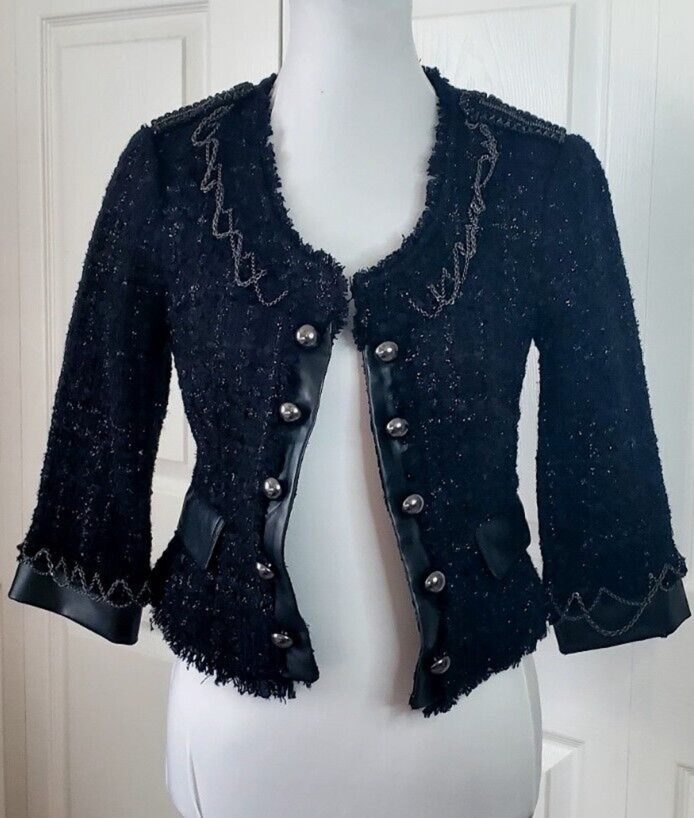Bebe Black Beaded/Chained Bolero Jacket Faux Leather Trim Moto Cropped Coat Sz 4
